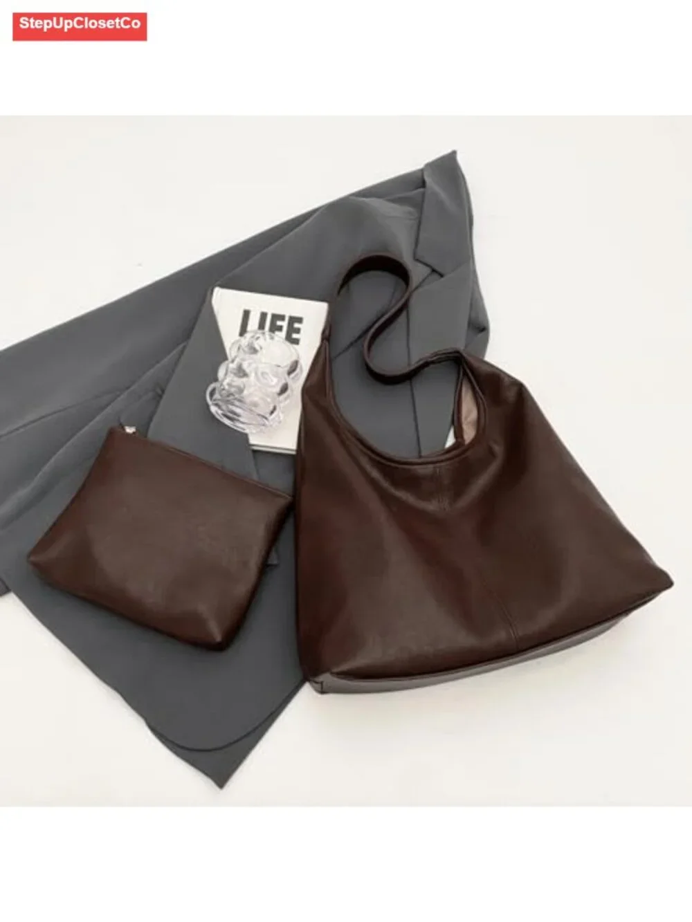 Vegan Leather Hobo Bags for Women Slouchy Tote Shoulder Handbag 2pcs Set